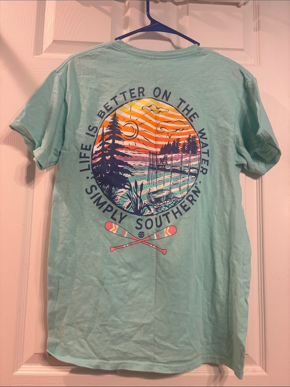 Simply Southern Aqua Tee with Sunset Lakeside Graphic